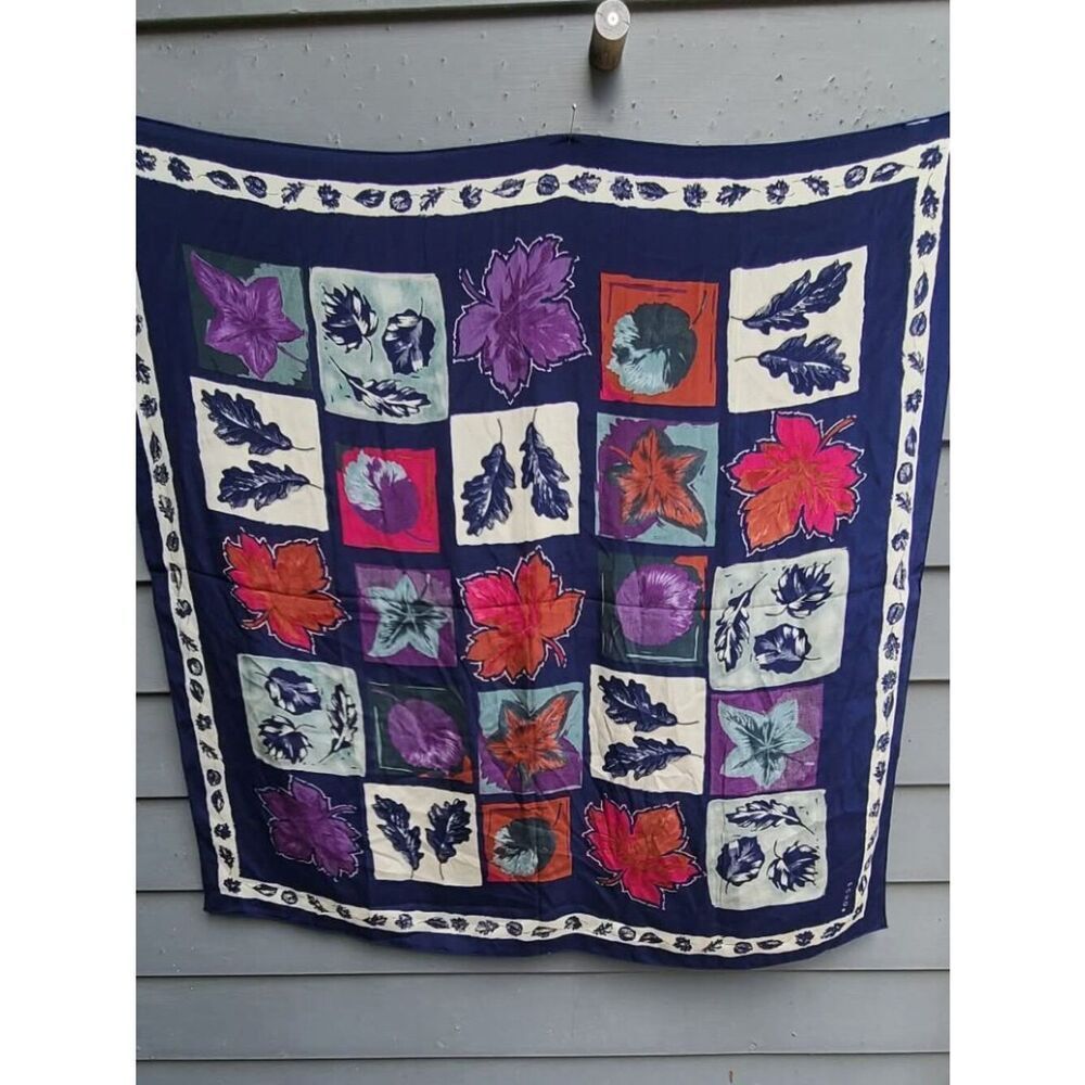 Vintage Echo Leaves Silk Scarf  Red Blue White